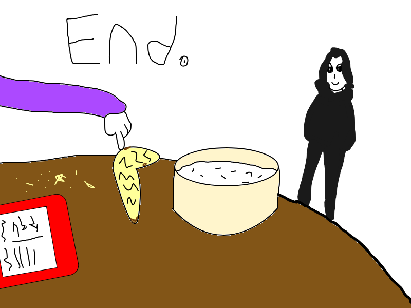 A bag of unbranded potato chips on a table, mostly crumbs. Toonee's arm is out, and her finger is holding a potato chip, next to a bowl of dip. Sabes is there, smirking at this predicament.